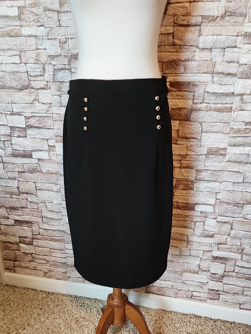 NY CC Classic Black Pencil Skirt with Gold Button Detail